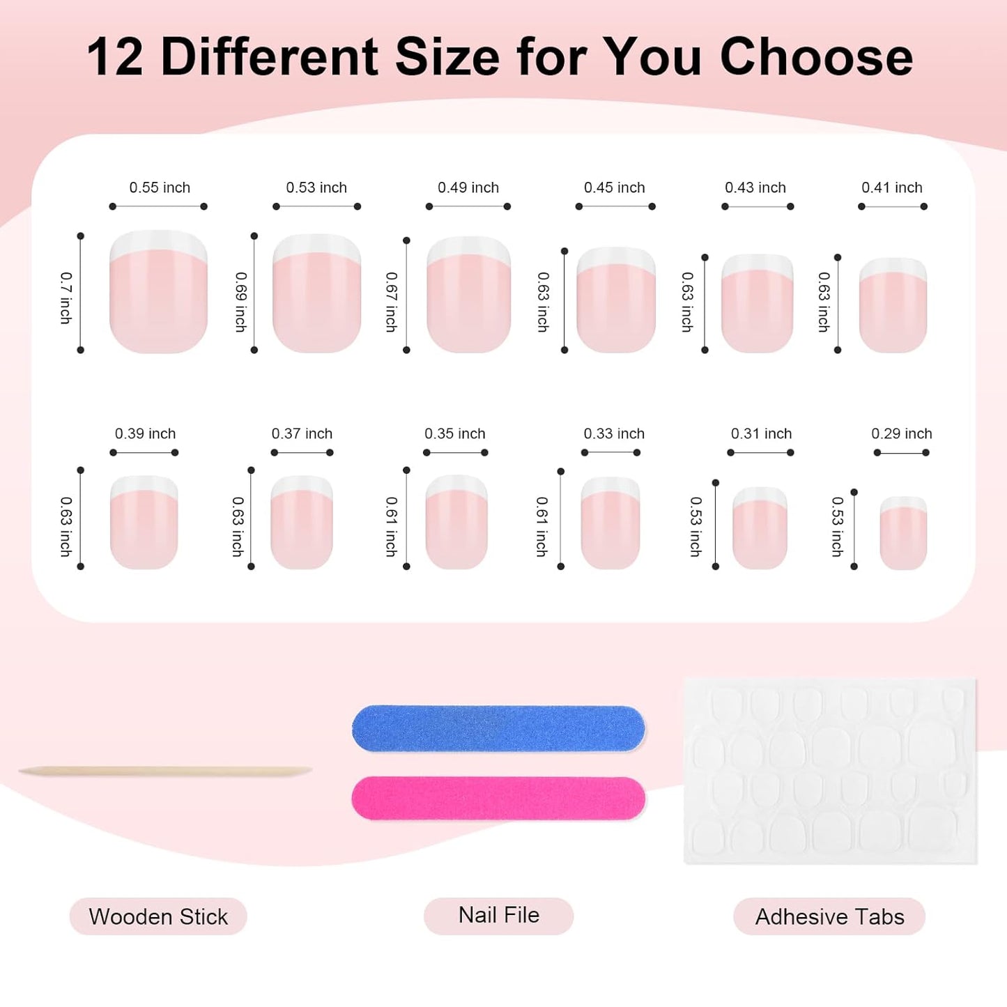 Natural French Acrylic False Nails Kit Including 12 Different Size Short Press on False Nails,Pink White Nails Tips Sets with Nail Glue Stickers,Files and Stick (120 Pcs)