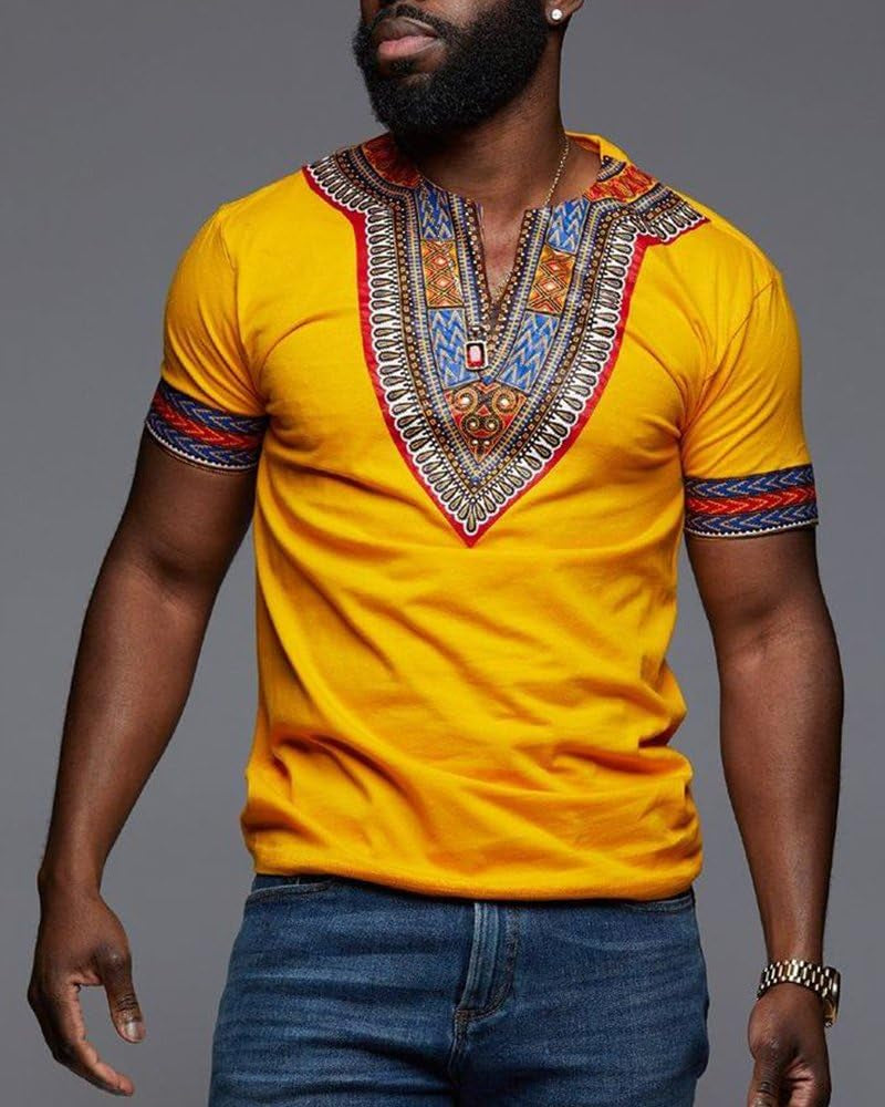 Mens African Dashiki T Shirt Tribal Floral Print V Neck Slim Fit Shirts Tops