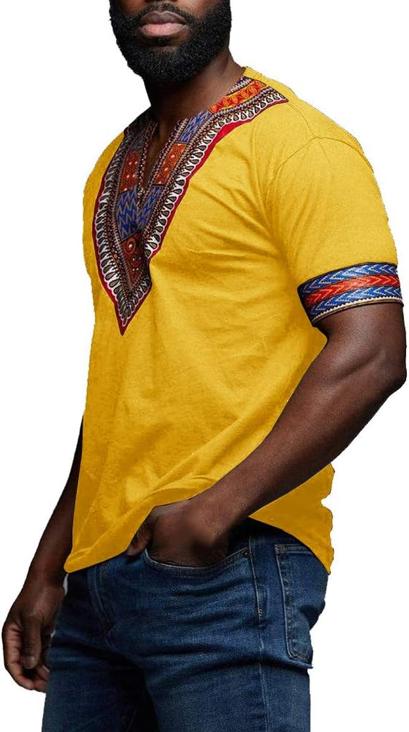 Mens African Dashiki T Shirt Tribal Floral Print V Neck Slim Fit Shirts Tops