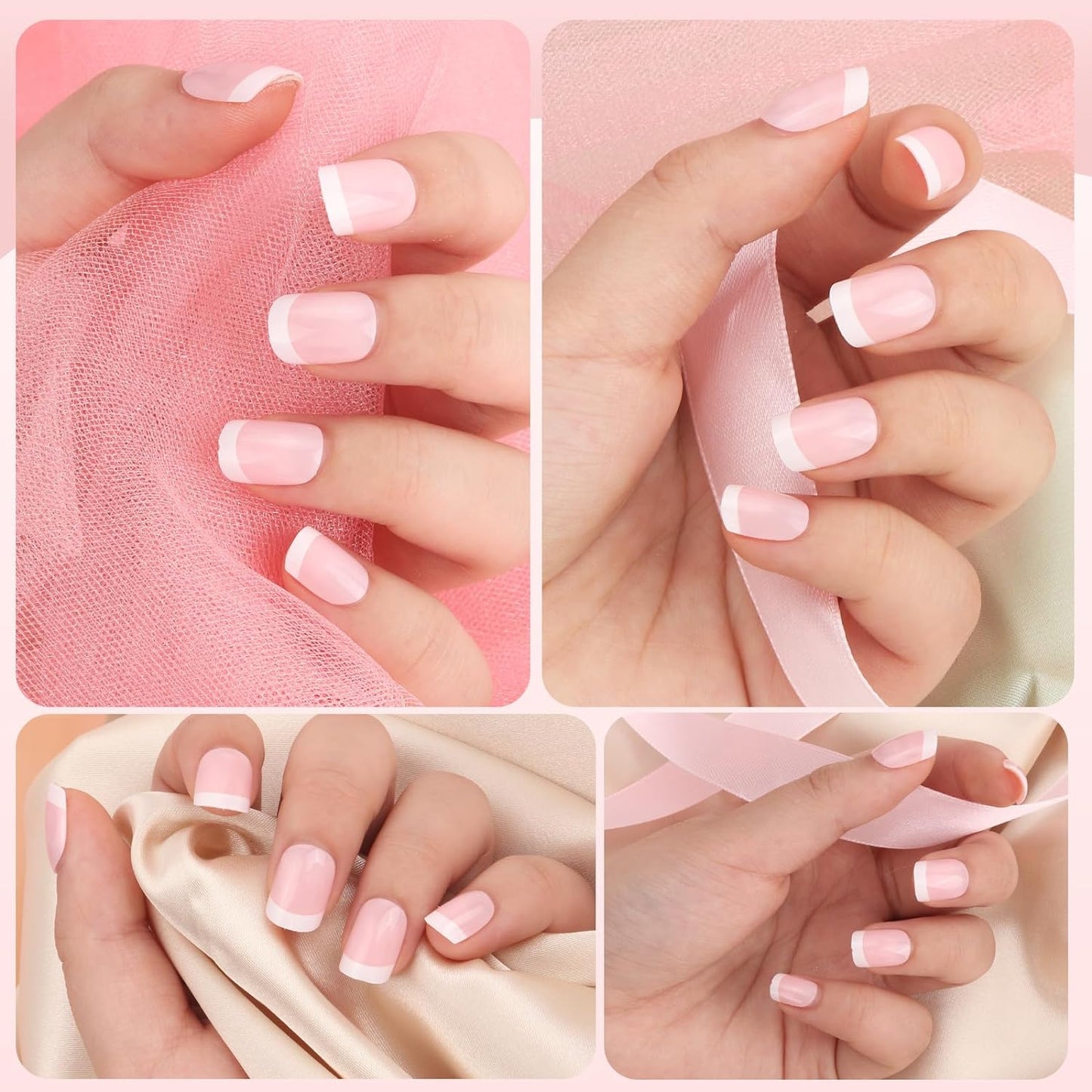 Natural French Acrylic False Nails Kit Including 12 Different Size Short Press on False Nails,Pink White Nails Tips Sets with Nail Glue Stickers,Files and Stick (120 Pcs)