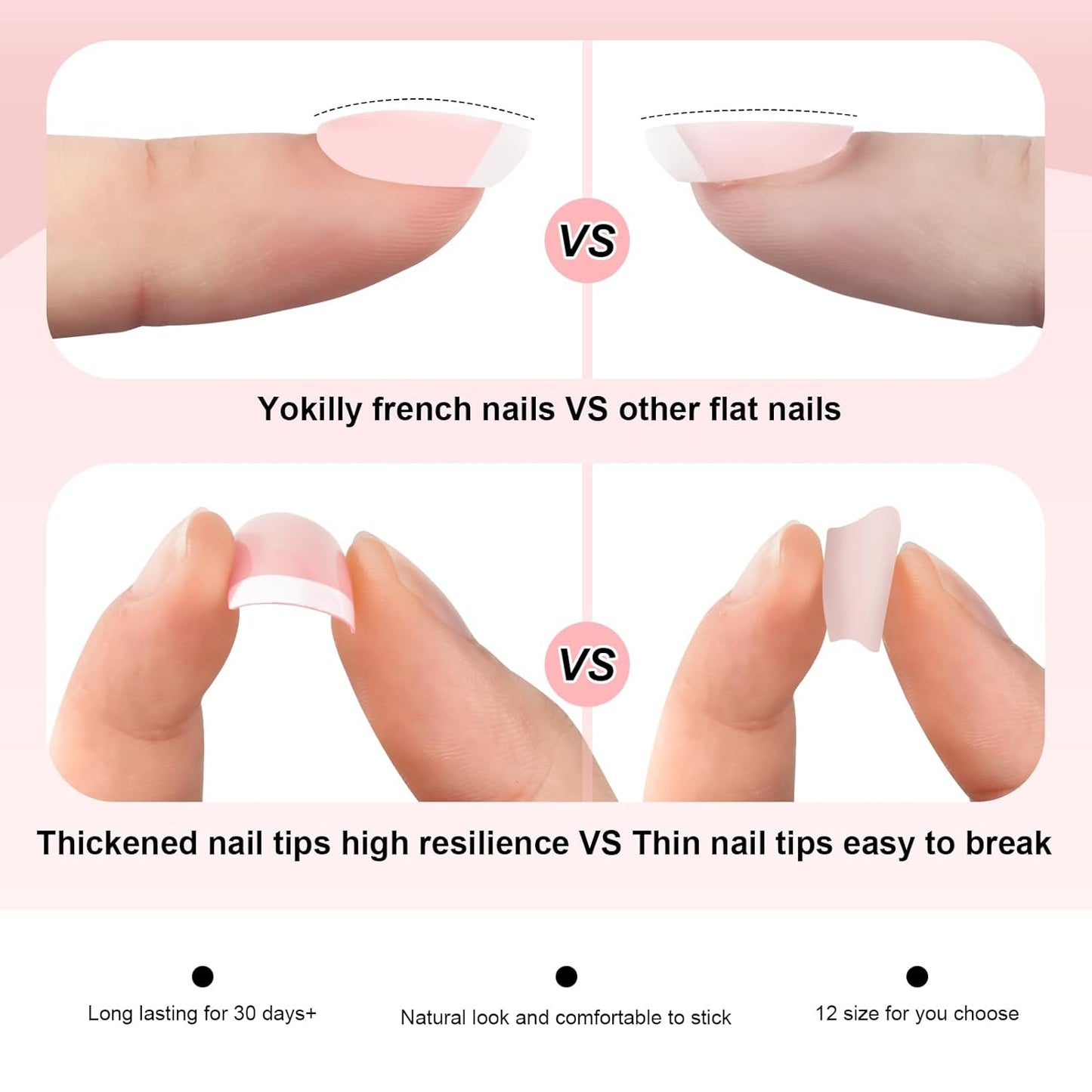 Natural French Acrylic False Nails Kit Including 12 Different Size Short Press on False Nails,Pink White Nails Tips Sets with Nail Glue Stickers,Files and Stick (120 Pcs)