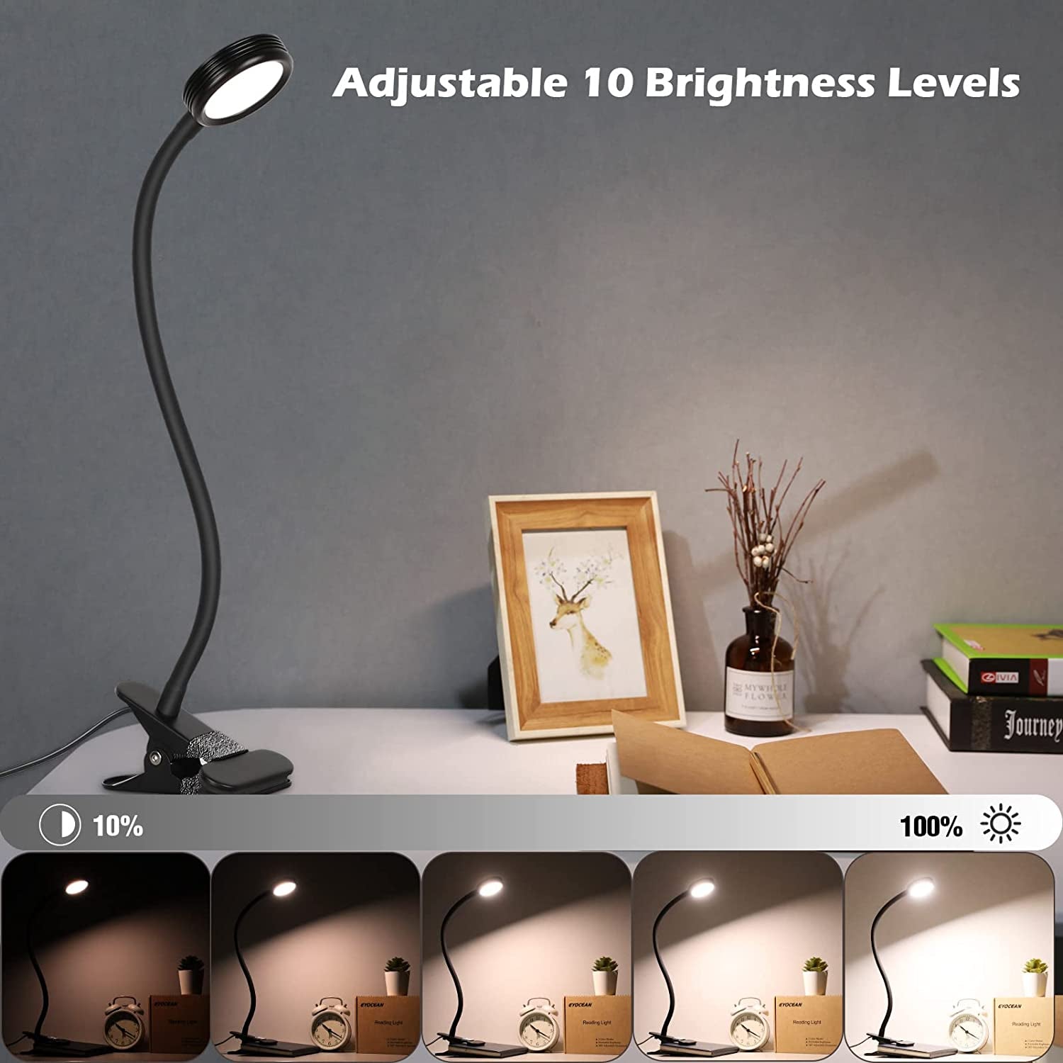 Clip on Light Reading Lights, Desk Lamps, Eye Protection Kids Desk Lamp with Strong Clamp, Flexible Night Light 3 Modes 9 Dimming Levels(Included AC Adapter) Black