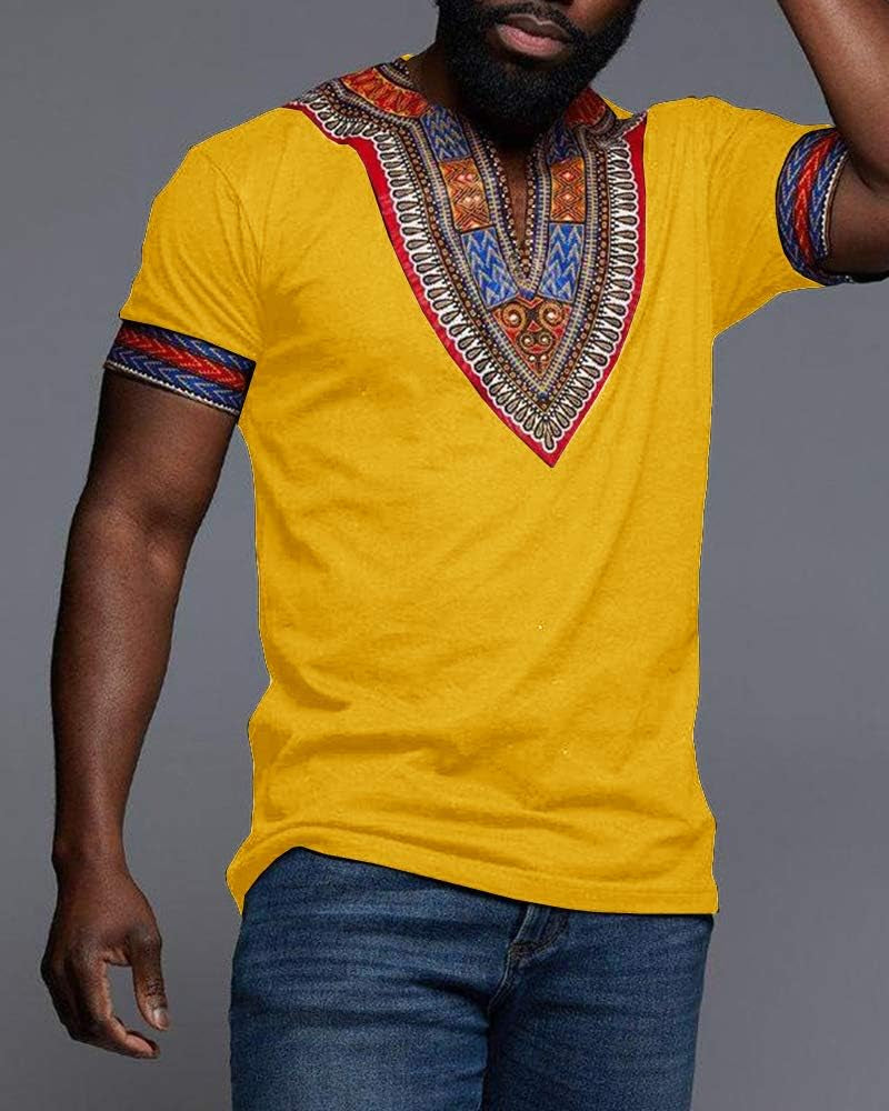 Mens African Dashiki T Shirt Tribal Floral Print V Neck Slim Fit Shirts Tops