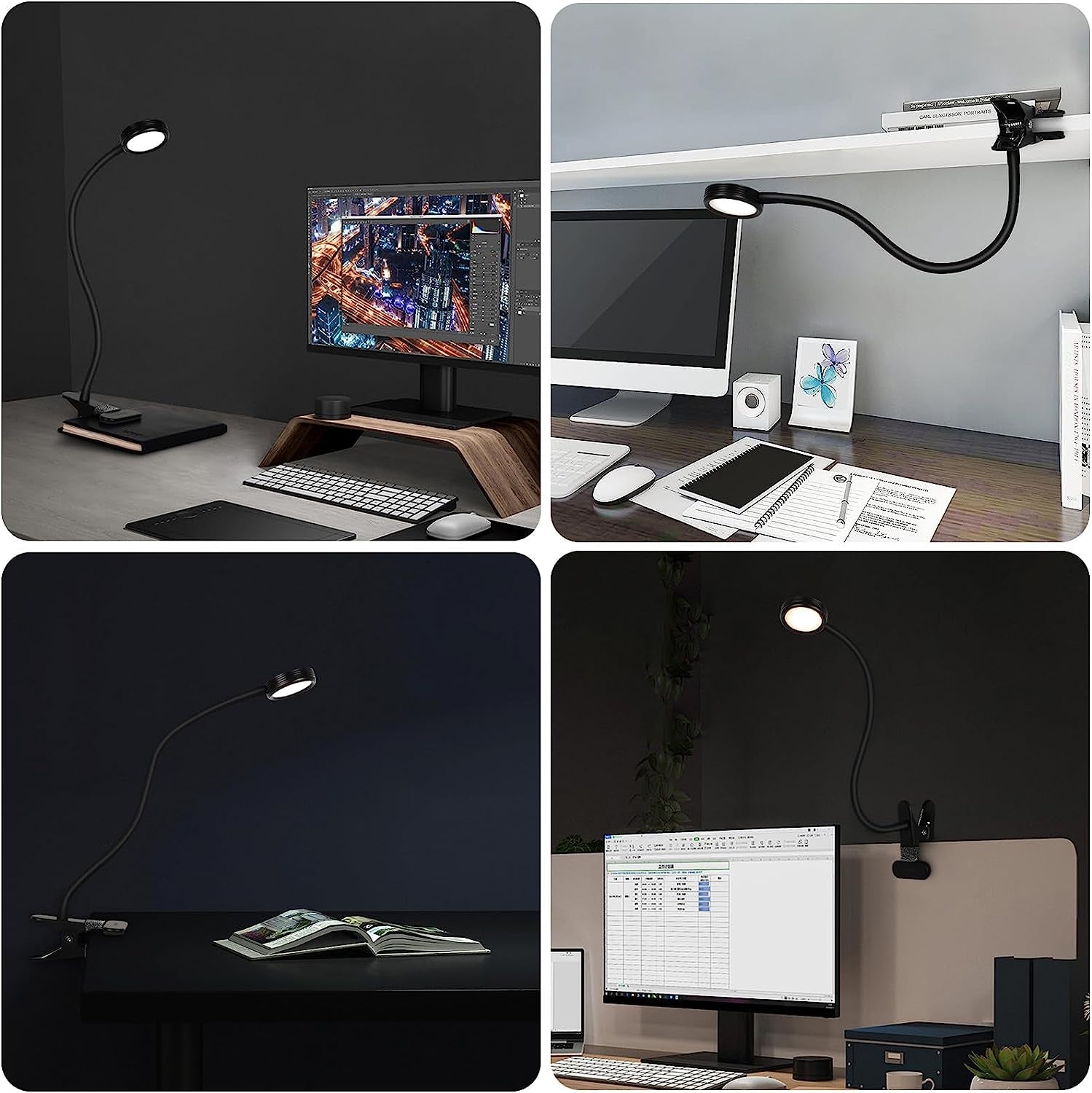 Clip on Light Reading Lights, Desk Lamps, Eye Protection Kids Desk Lamp with Strong Clamp, Flexible Night Light 3 Modes 9 Dimming Levels(Included AC Adapter) Black