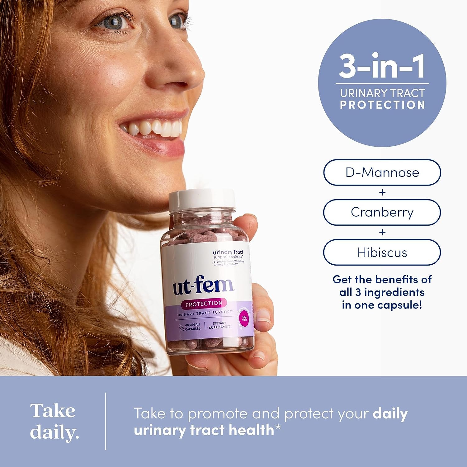 Protection - Urinary Tract Defense for Women, 3-In-1 Daily Defense Formula to Protect Urinary Tract Health, D-Mannose, Cranberry + Hibiscus, Natural Supplement - 60 Vegan Capsules