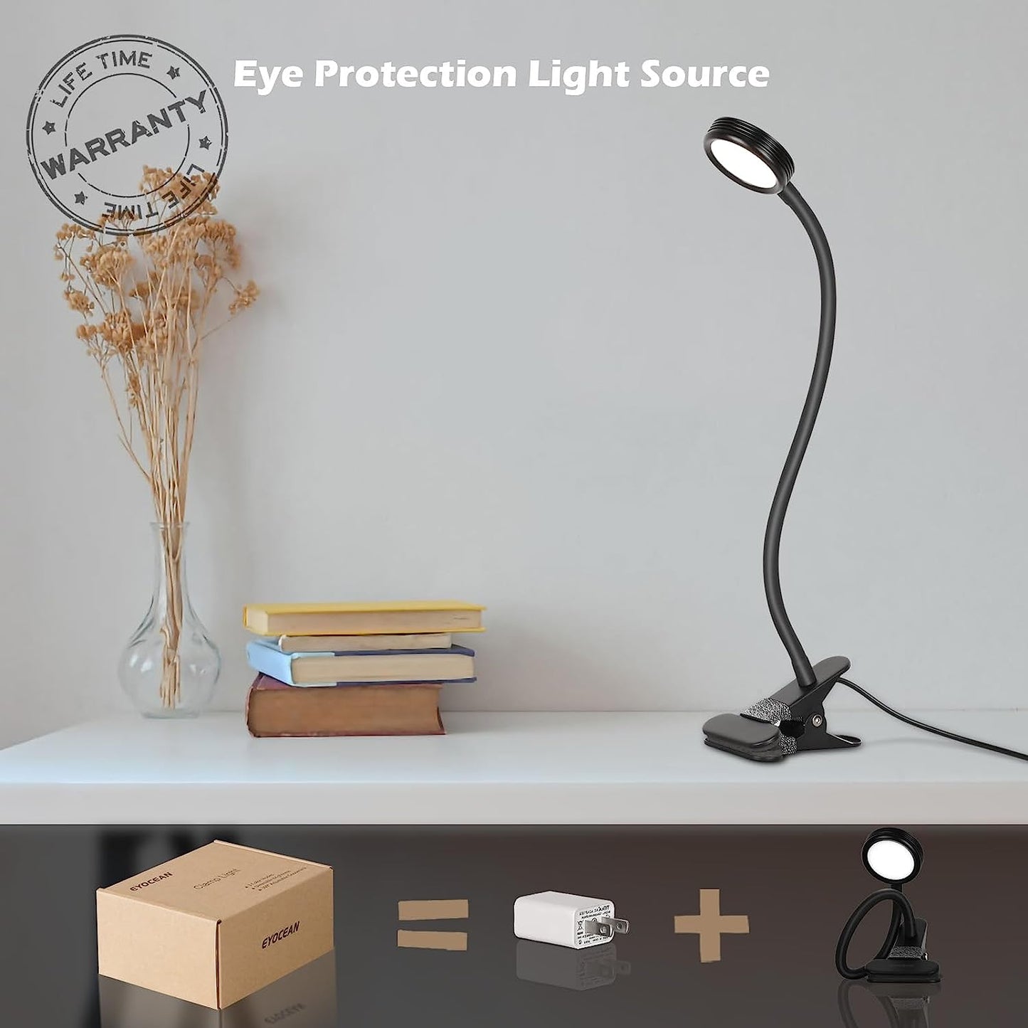 Clip on Light Reading Lights, Desk Lamps, Eye Protection Kids Desk Lamp with Strong Clamp, Flexible Night Light 3 Modes 9 Dimming Levels(Included AC Adapter) Black