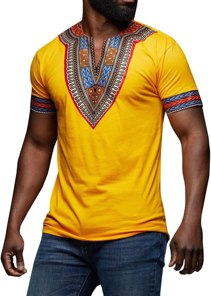 Mens African Dashiki T Shirt Tribal Floral Print V Neck Slim Fit Shirts Tops