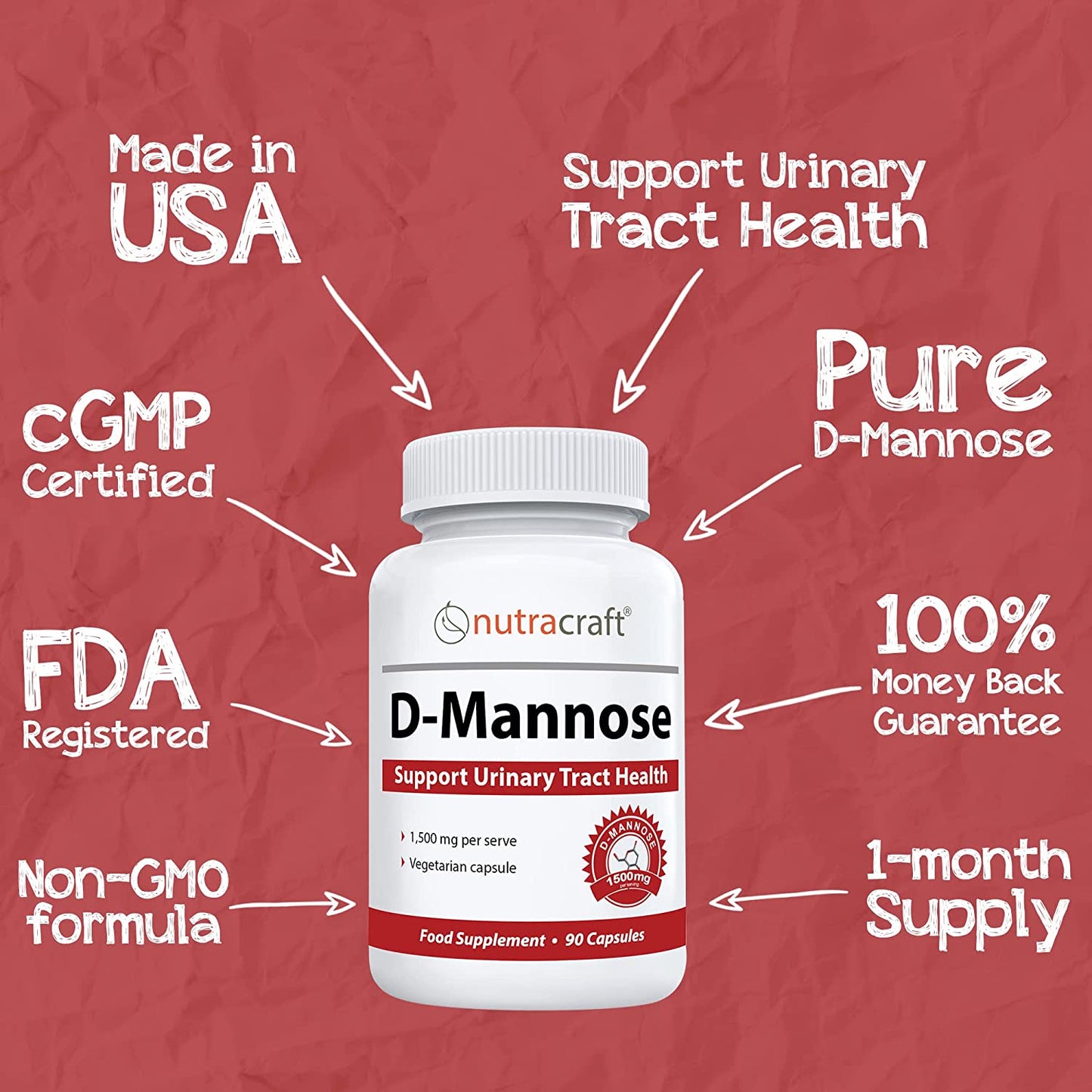 1500Mg Pure D-Mannose Supplement for Urinary & Bladder Health | No Preservatives or Gluten | Made in the USA | 90 Vegetarian Capsules